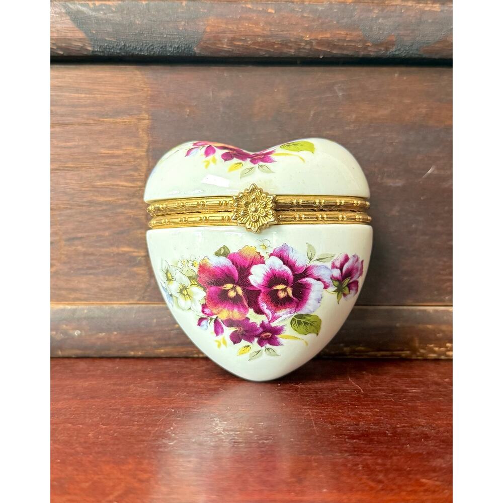 Porcelain Heart Trinket Box Purple Floral Hinged Keepsake Box